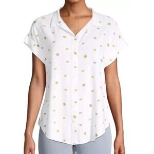 NWT‎ Per Se Lemons Print Button Down Shirt Women Size L White Cuffed Cap Sleeve